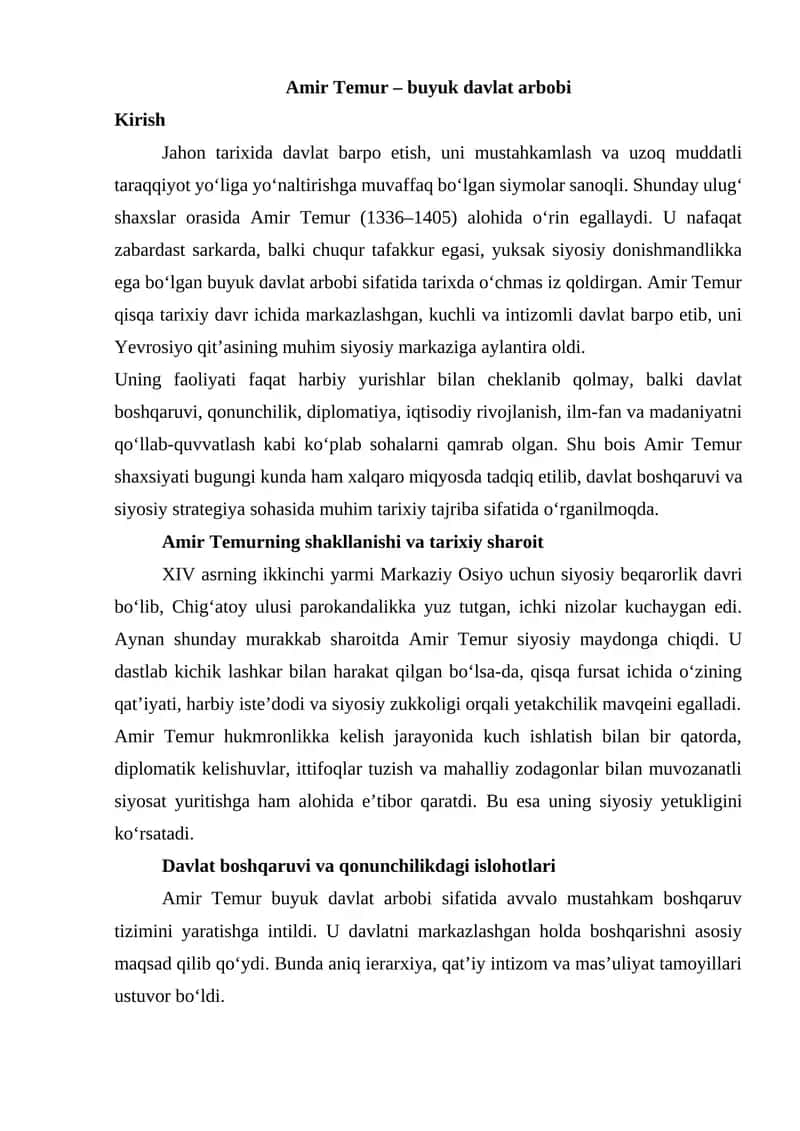 Amir Temur – buyuk davlat arbobi