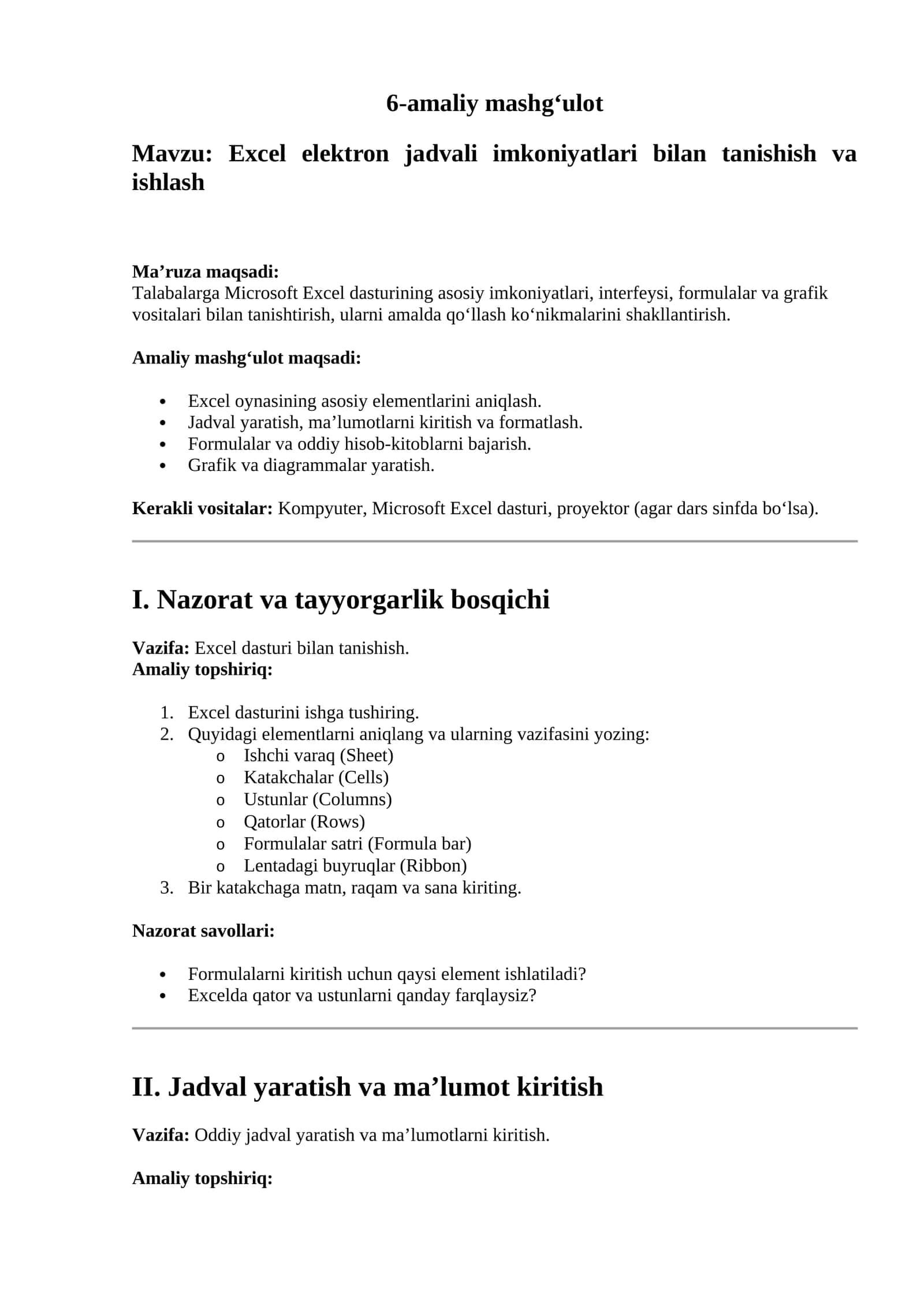 Excel elektron jadvali imkoniyatlari bilan tanishish va ishlash