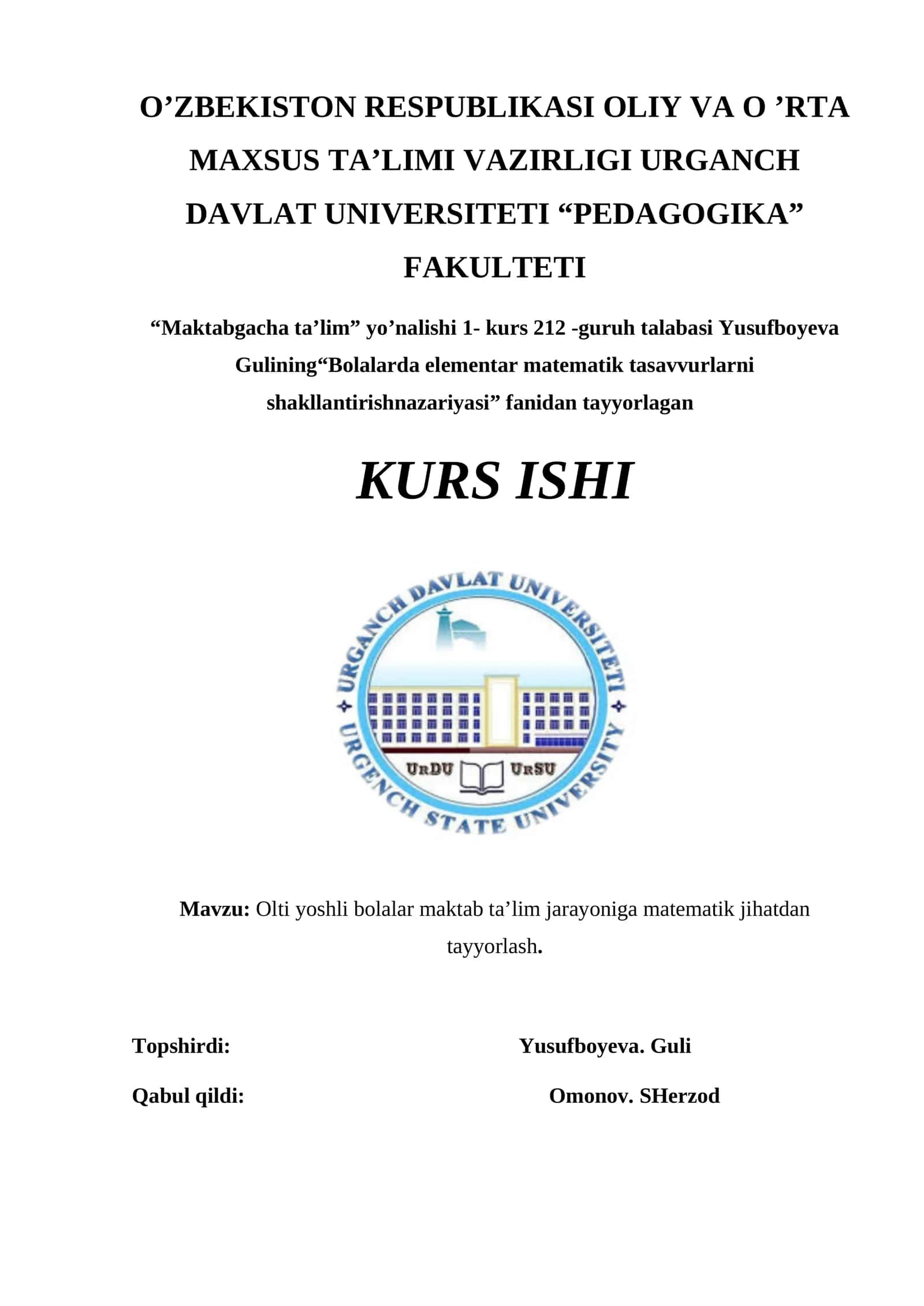 Olti yoshli bolalar maktab ta’lim jarayoniga matematik jihatdan tayyorlash