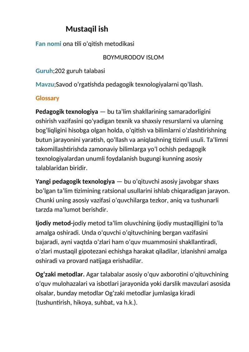 Fan nomi ona tili o’qitish metodikasi