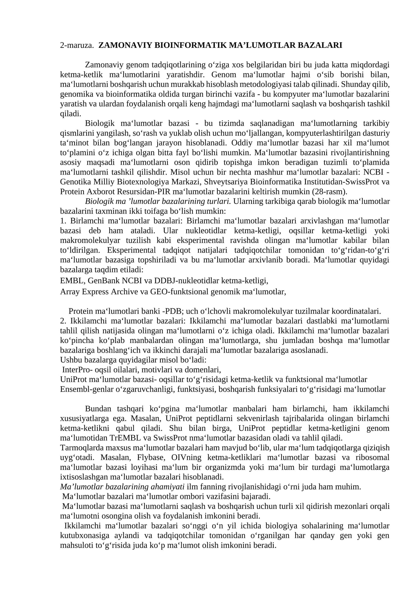 ZAMONAVIY BIOINFORMATIK MA’LUMOTLAR BAZALARI