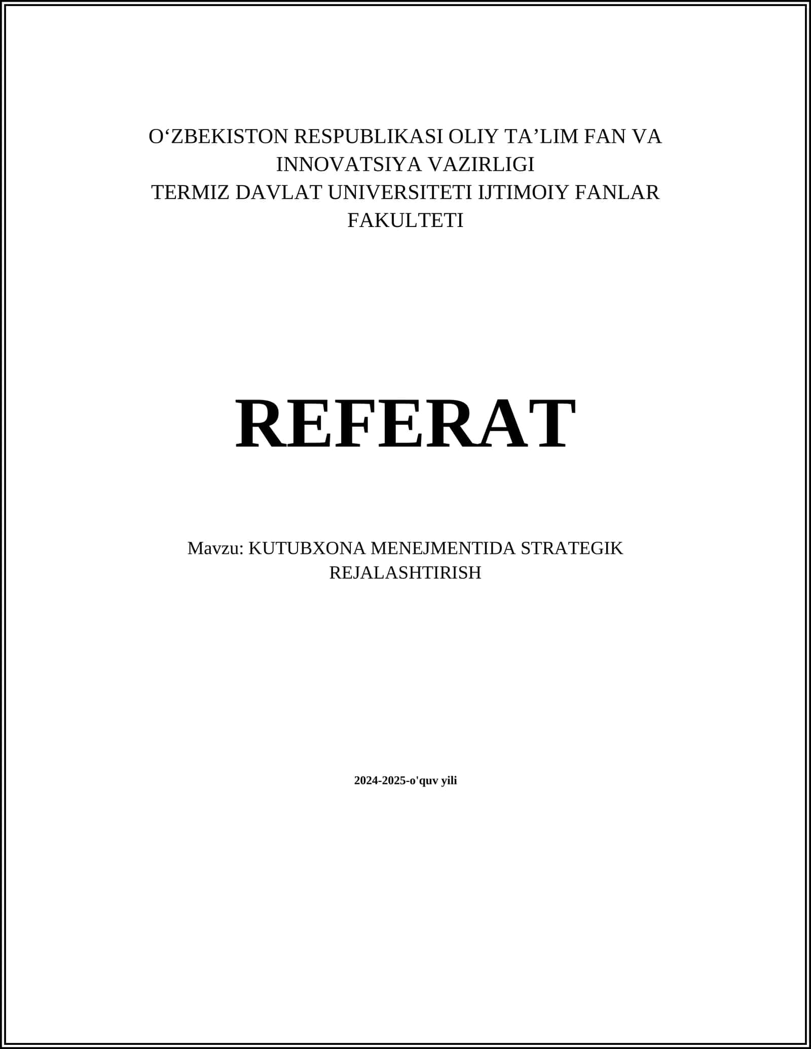 KUTUBXONA MENEJMENTIDA STRATEGIK REJALASHTIRISH