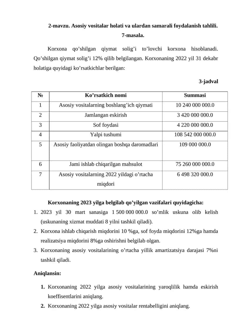 2-mavzu. Asosiy vositalar holati va ulardan samarali foydalanish tahlili