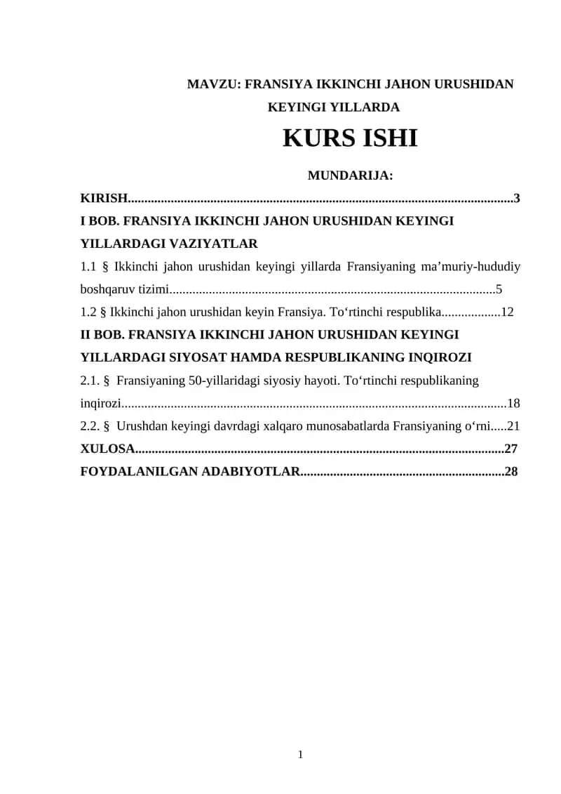 FRANSIYA IKKINCHI JAHON URUSHIDAN KEYINGI YILLARDA KURS ISHI