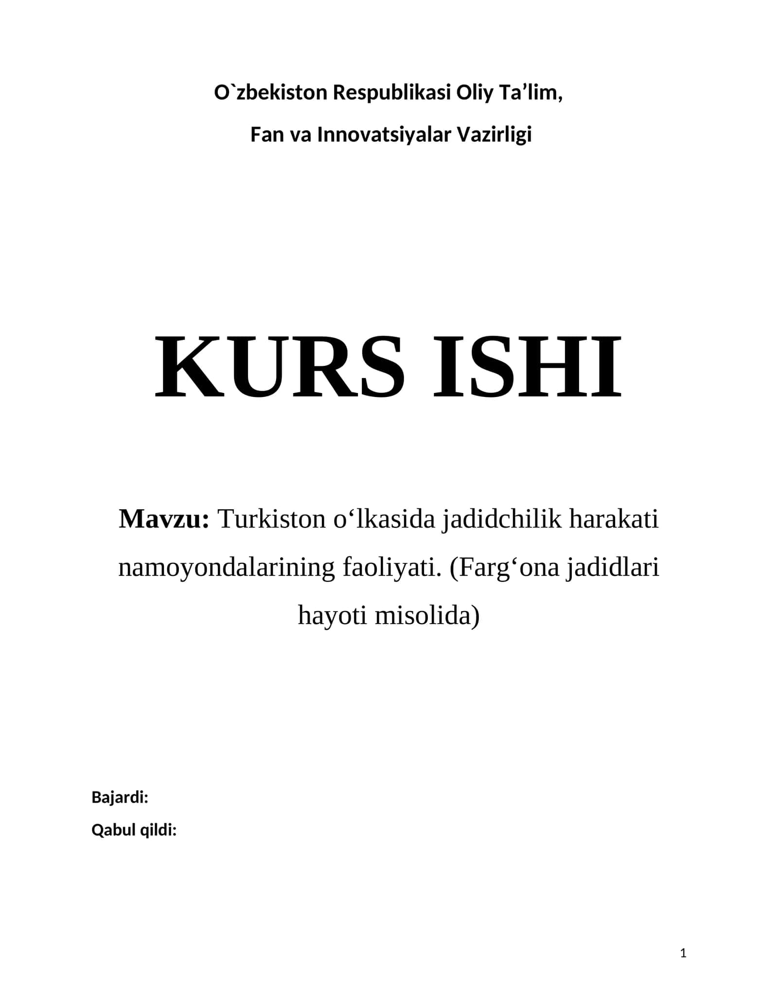 Turkiston Oʻlkasida jadidchilik harakati namoyondalarining faoliyati. (Fargʻona jadidlari hayoti misolida)