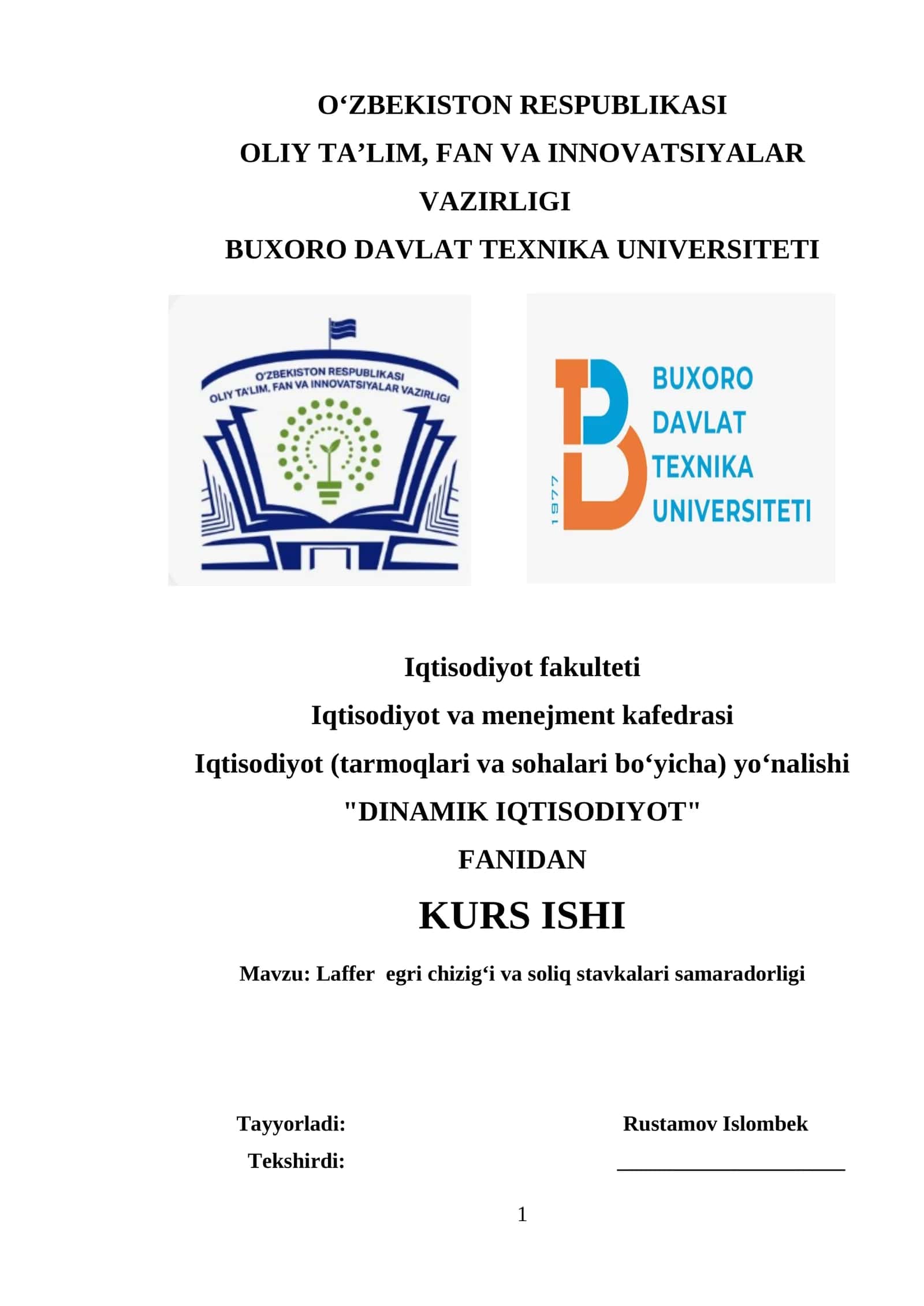 "DINAMIK IQTISODIYOT" KURS ISHI