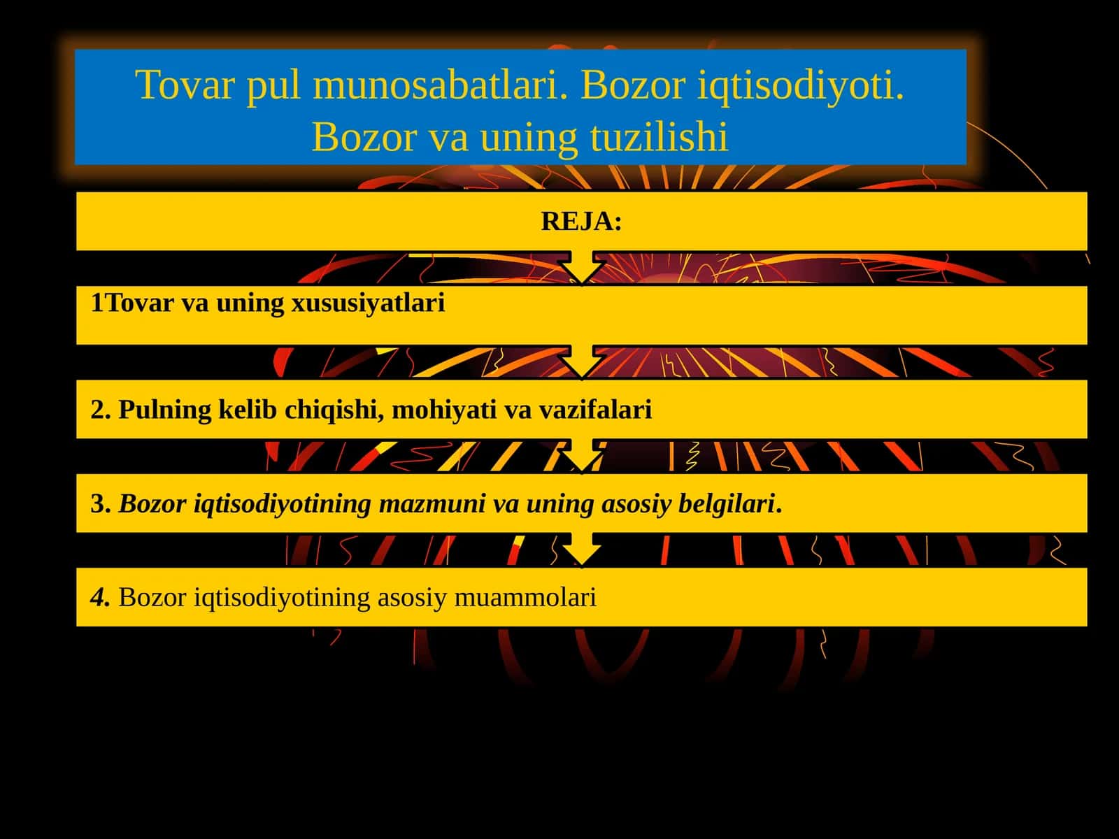 Tovar pul munosabatlari. Bozor iqtisodiyoti. Bozor va uning tuzilishi