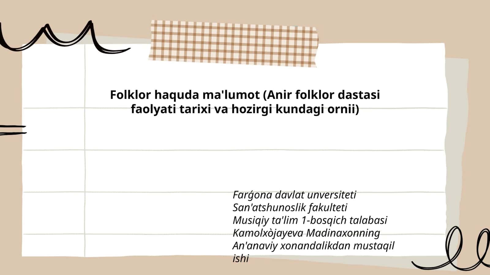 Folklor haquda ma'lumot (Anir folklor dastasi faolyati tarixi va hozirgi kundagi ornii)