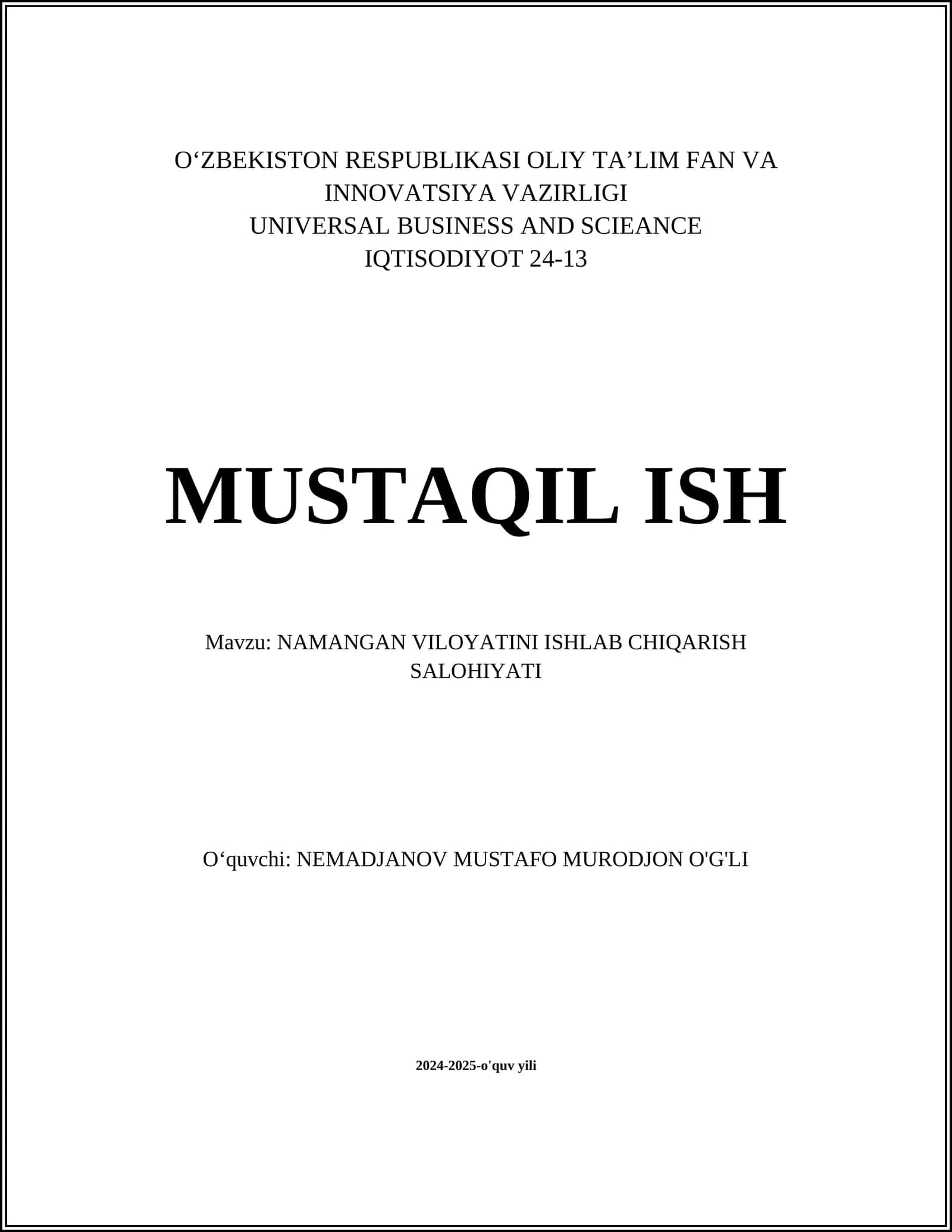 NAMANGAN VILOYATINI ISHLAB CHIQARISH SALOHIYATI