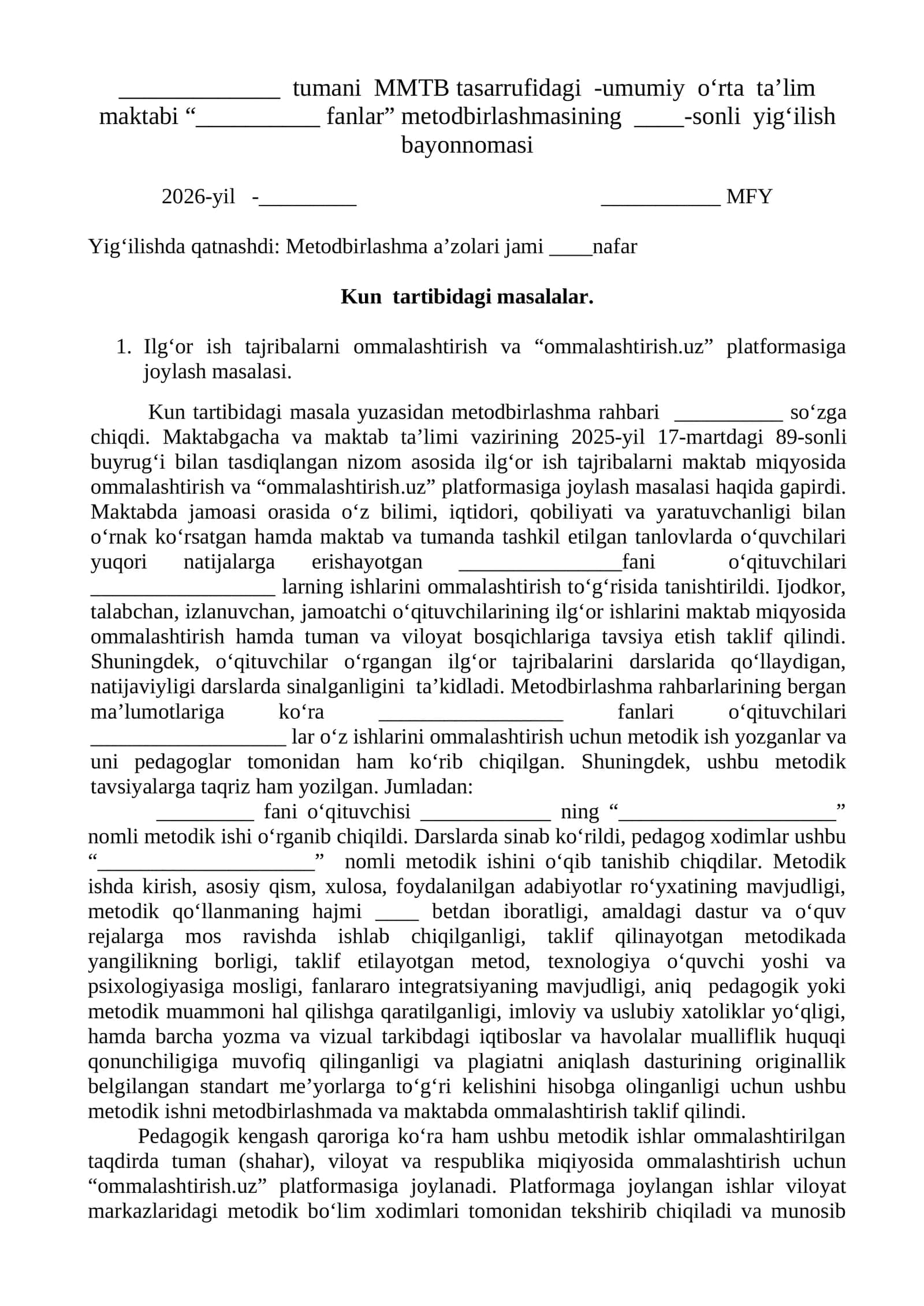 ommalashtirish bo'yicha Metodbirlashma qarori 2026-2027-yilga