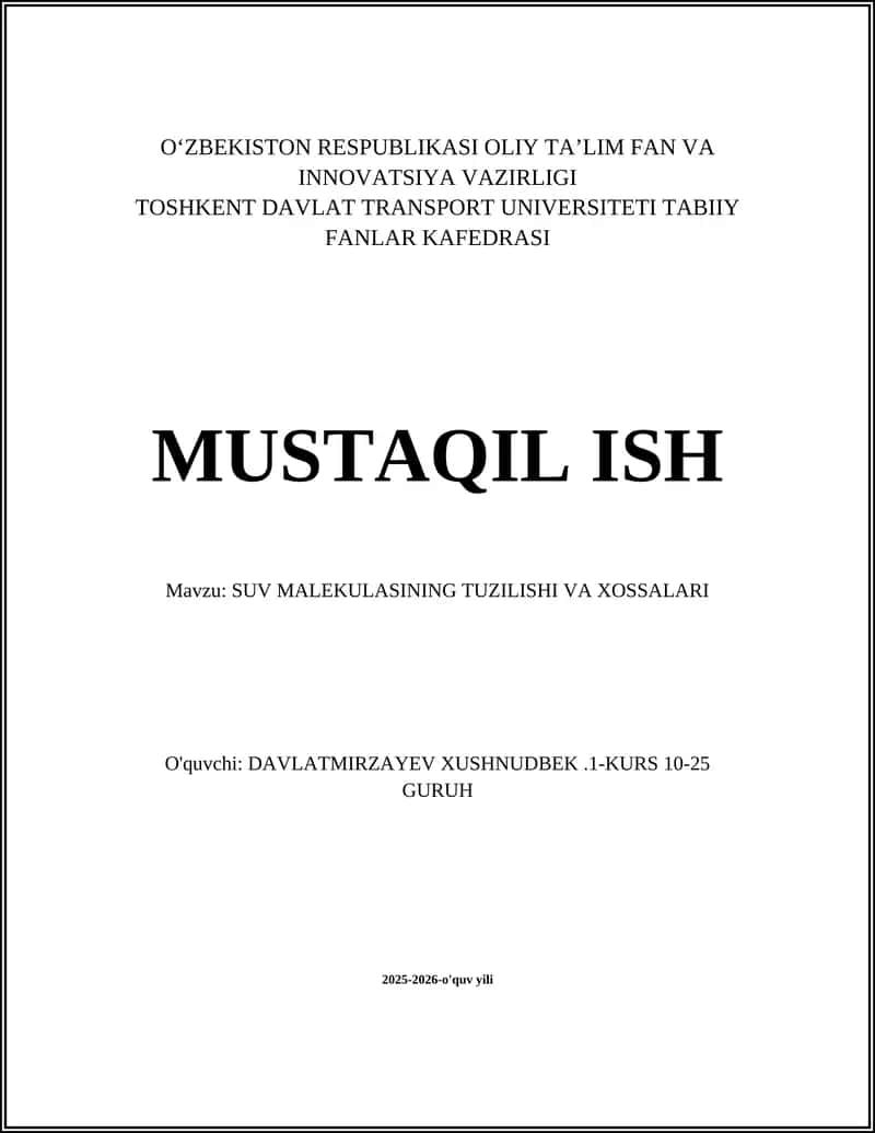 SUV MALEKULASINING TUZILISHI VA XOSSALARI