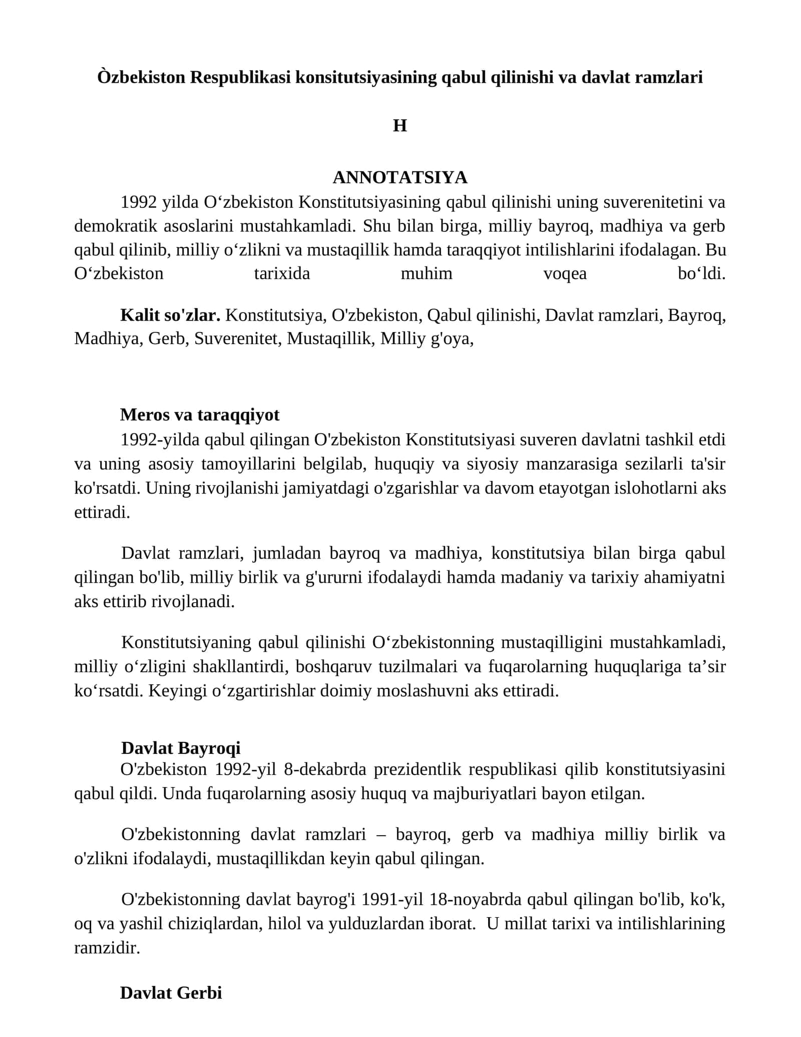 Òzbekiston Respublikasi konsitutsiyasining qabul qilinishi va davlat ramzlari