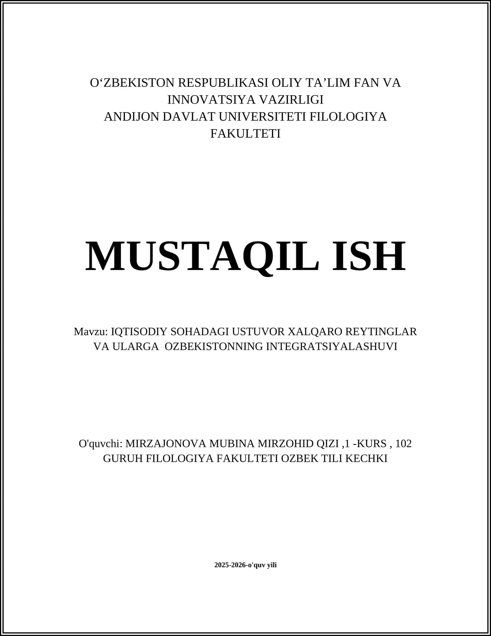 IQTISODIY SOHADAGI USTUVOR XALQARO REYTINGLAR VA ULARGA OZBEKISTONNING INTEGRATSIYALASHUVI