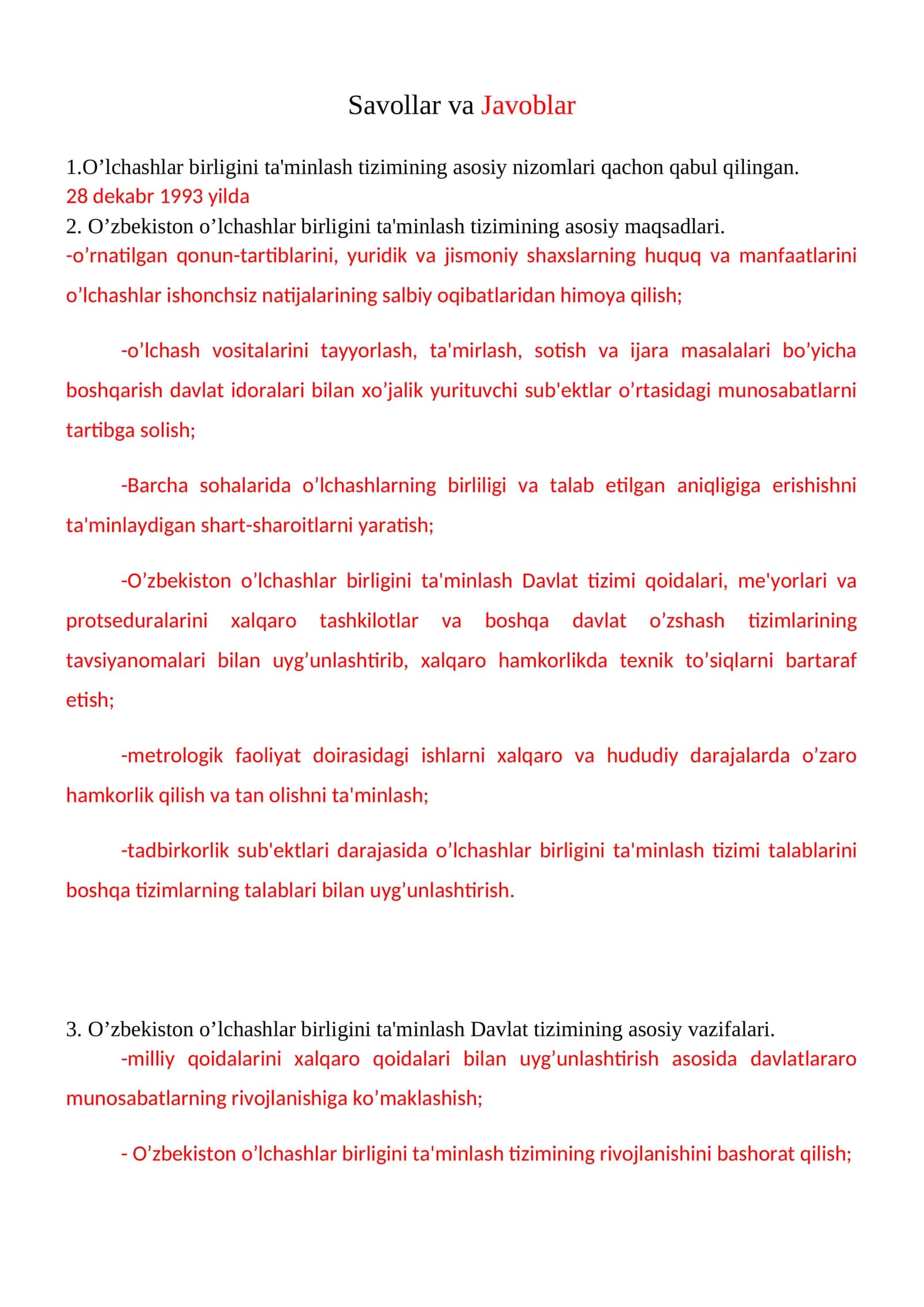 O’zbеkiston o’lchashlar birligini ta'minlash tizimi