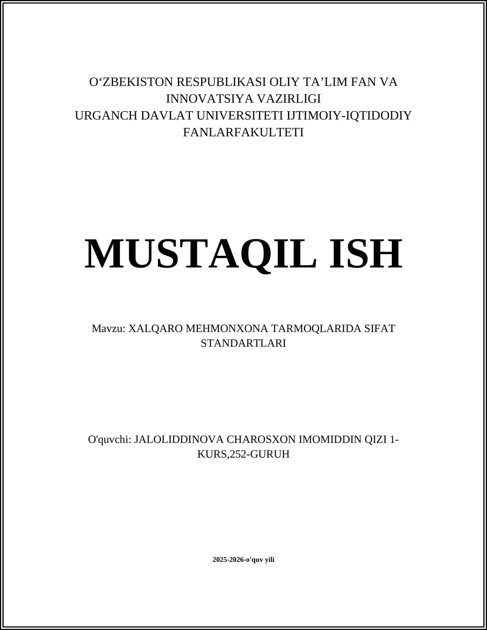 XALQARO MEHMONXONA TARMOQLARIDA SIFAT STANDARTLARI