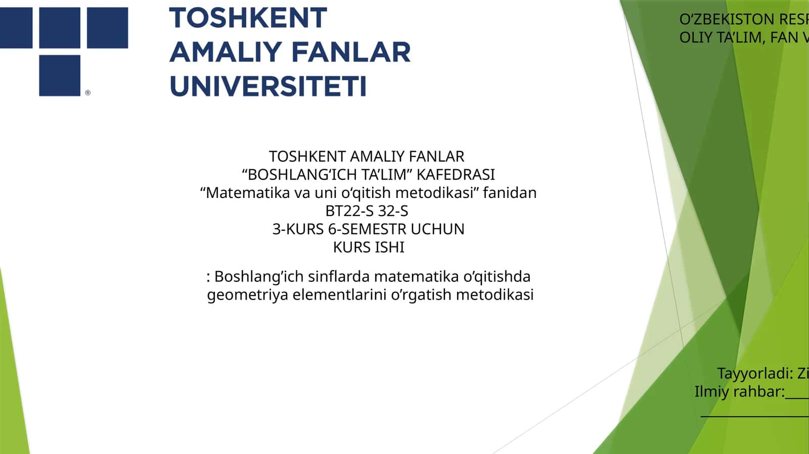 Boshlang‘ich sinflarda matematika o’qitishda geometriya elementlarini o’rgatish metodikasi