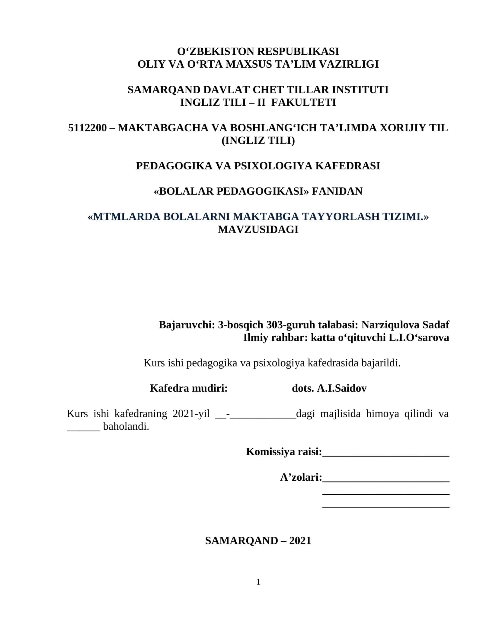 «MTMLARDA BOLALARNI MAKTABGA TAYYORLASH TIZIMI.»