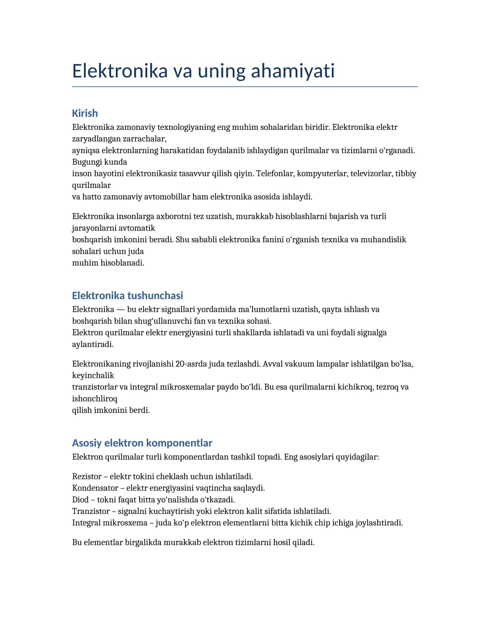 Elektronika va uning ahamiyati