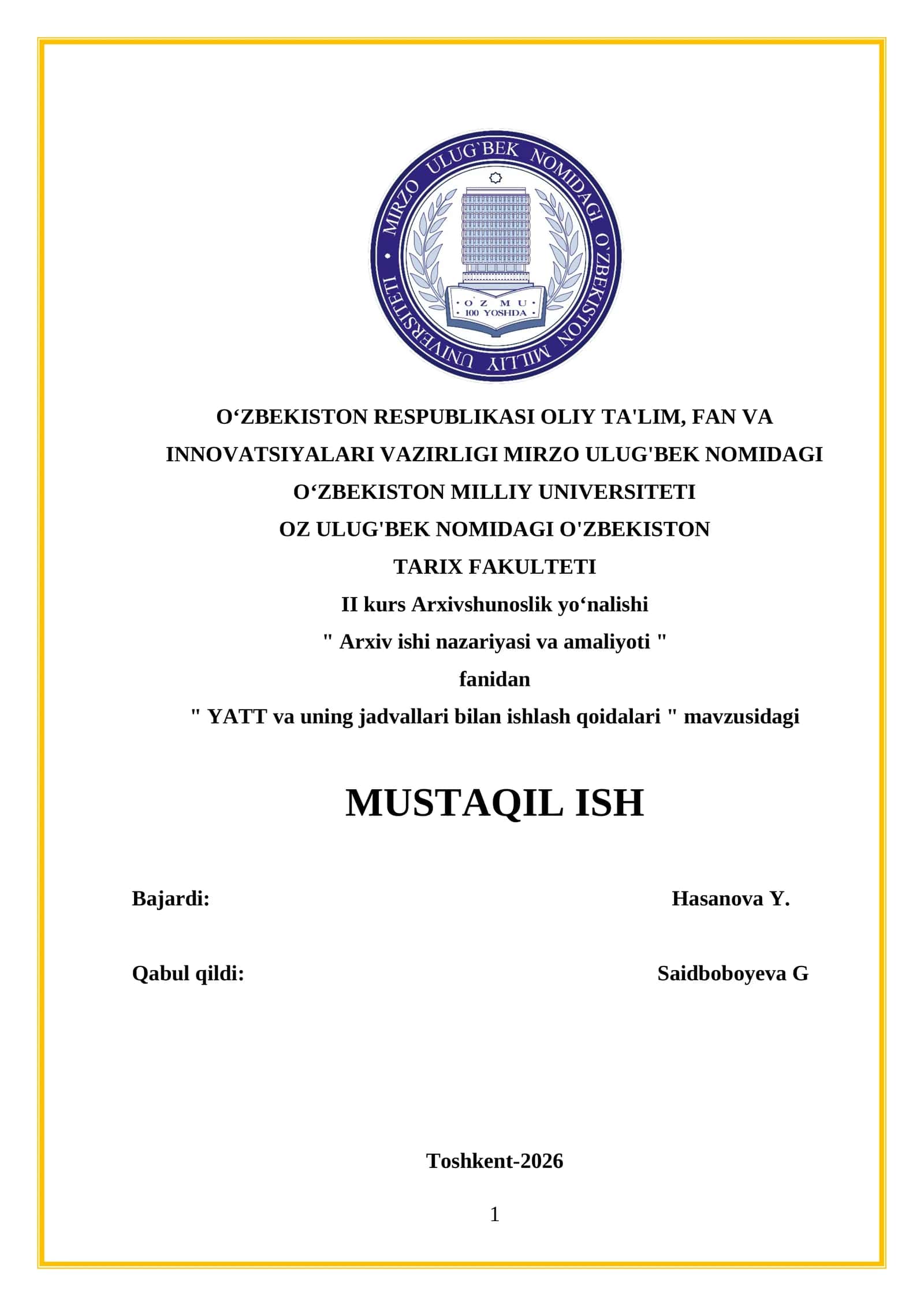 YATT va uning jadvallari bilan ishlash qoidalari