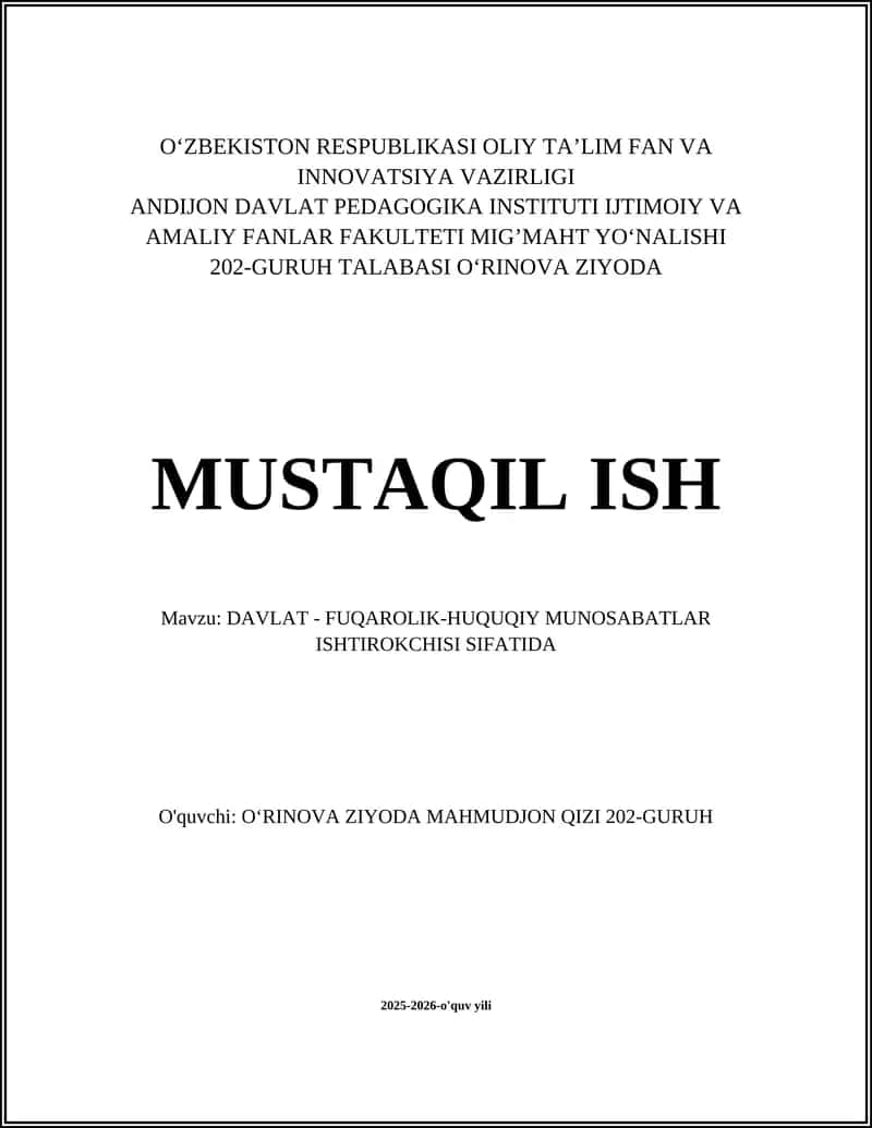 Davlat - Fuqarolik-huquqiy munosabatlar ishtirokchisi sifatida