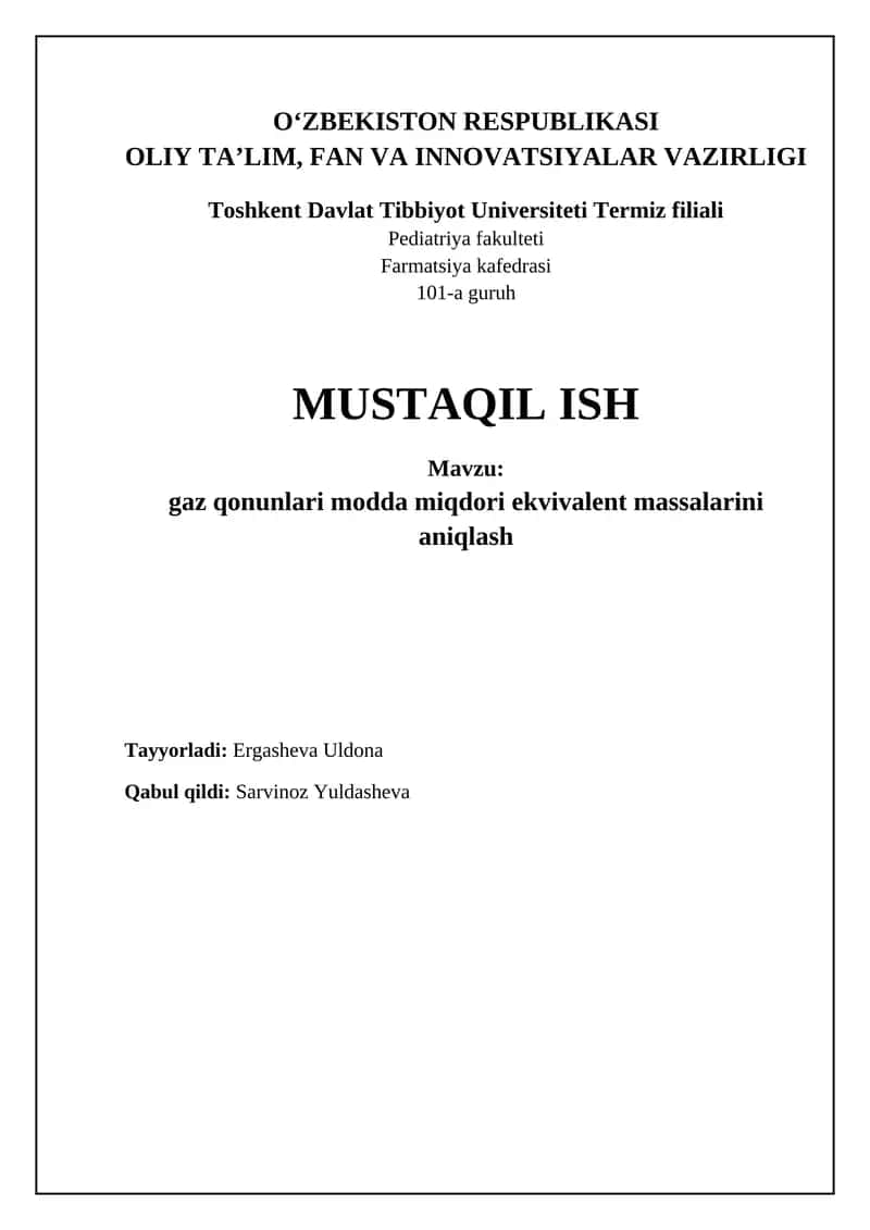 Gaz qonunlari va modda miqdorini aniqlash
