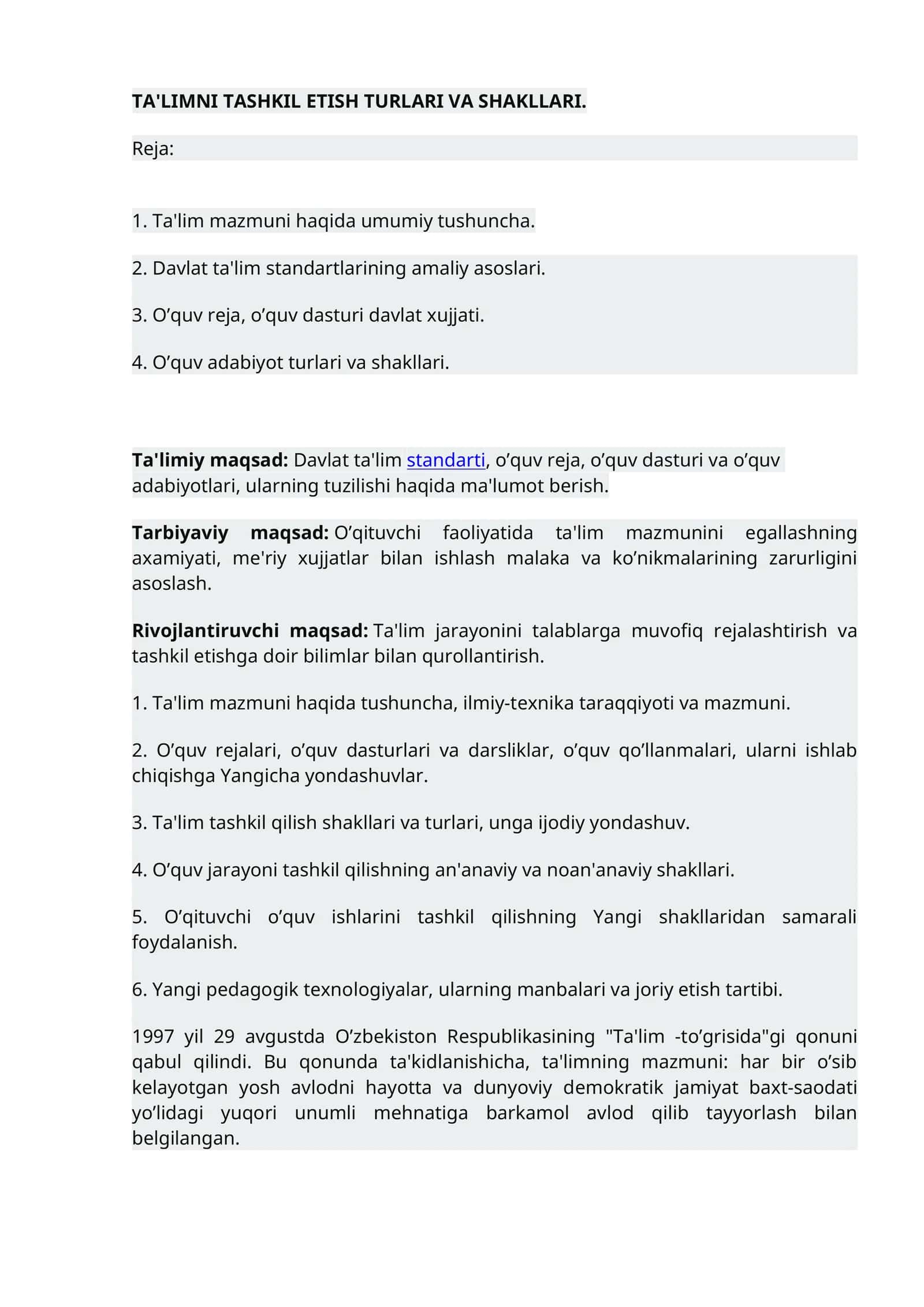 Ta'LIMNI TASHKIL ETISH TURLARI VA SHAKLLARI