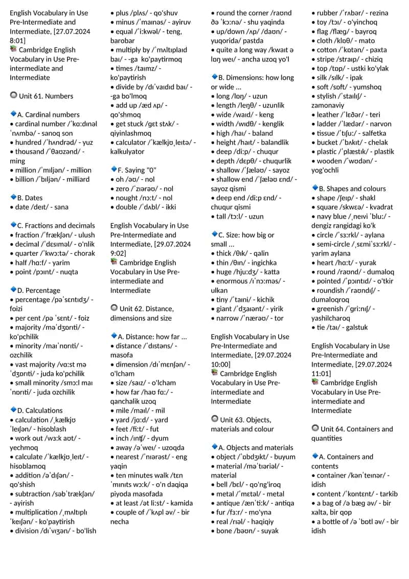 PRE INTERMEDIATE VOCABULARY 61-100 UNITS