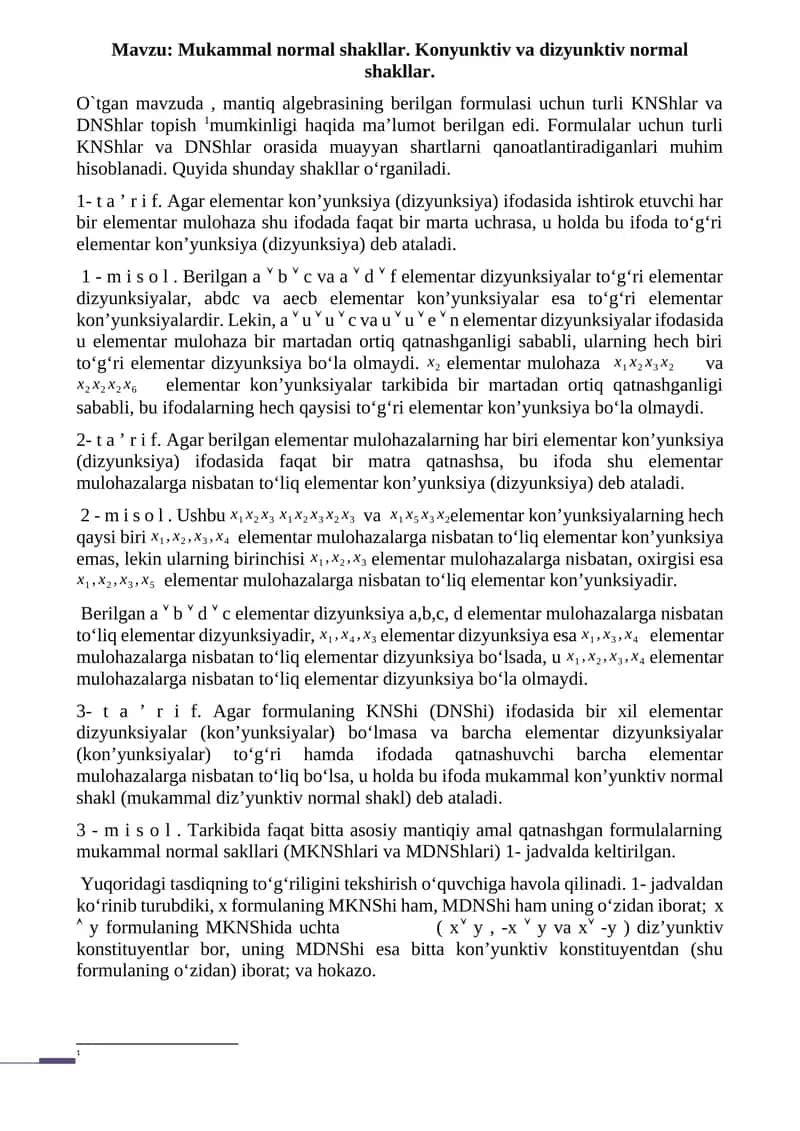 Mukammal normal shakllar. Konyunktiv va dizyunktiv normal shakllar.