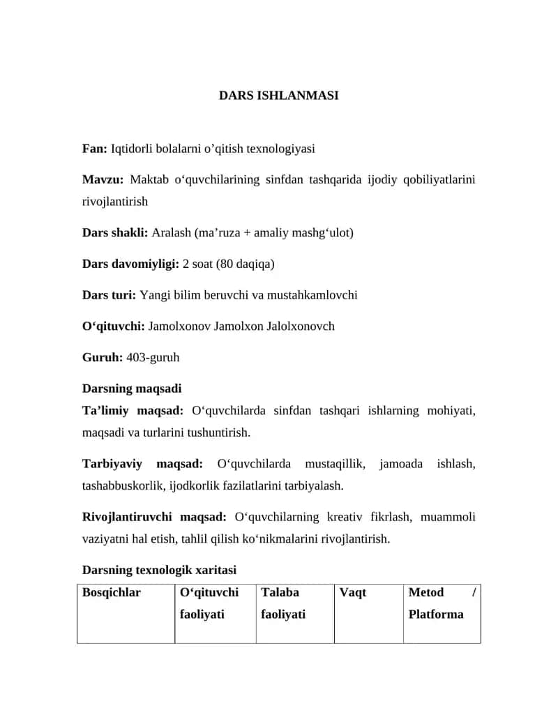 Iqtidorli bolalarni o’qitish texnologiyasi. DARS ISHLANMA