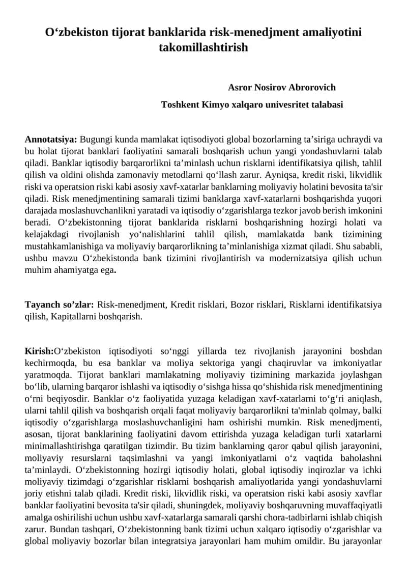 O‘zbekiston tijorat banklarida risk-menedjment amaliyotini takomillashtirish