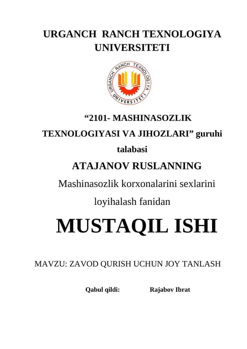 ZAVOD QURISH UCHUN JOY TANLASH