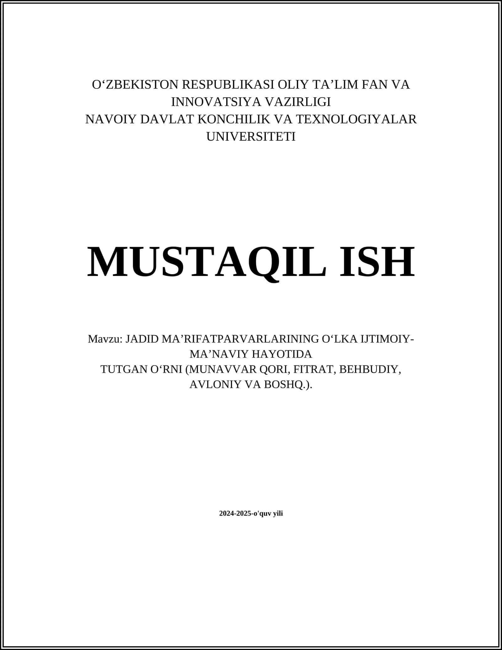 JADID MA’RIFATPARVARLARINING O‘LKA IJTIMOIY-MA’NAVIY HAYOTIDA TUTGAN O‘RNI (MUNAVVAR QORI, FITRAT, BEHBUDIY, AVLONIY VA BOSHQ.)