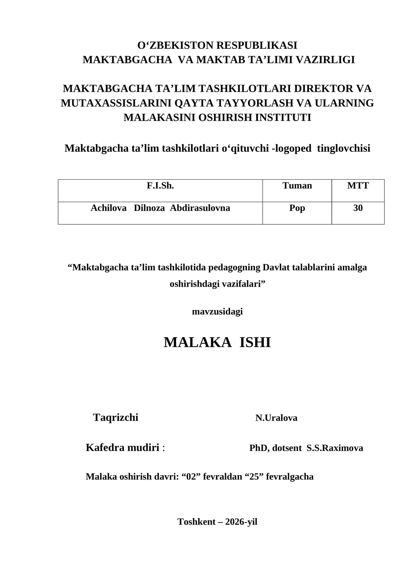 Maktabgacha ta’lim tashkilotlari o‘qituvchi -logoped tinglovchisi