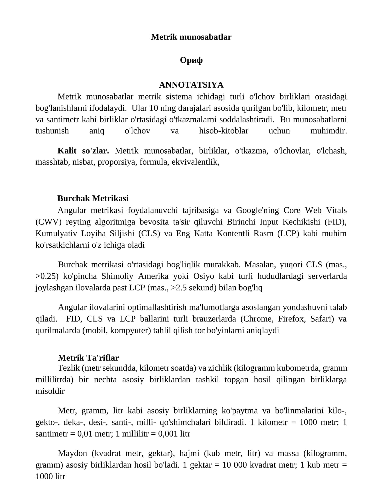 Metrik munosabatlar