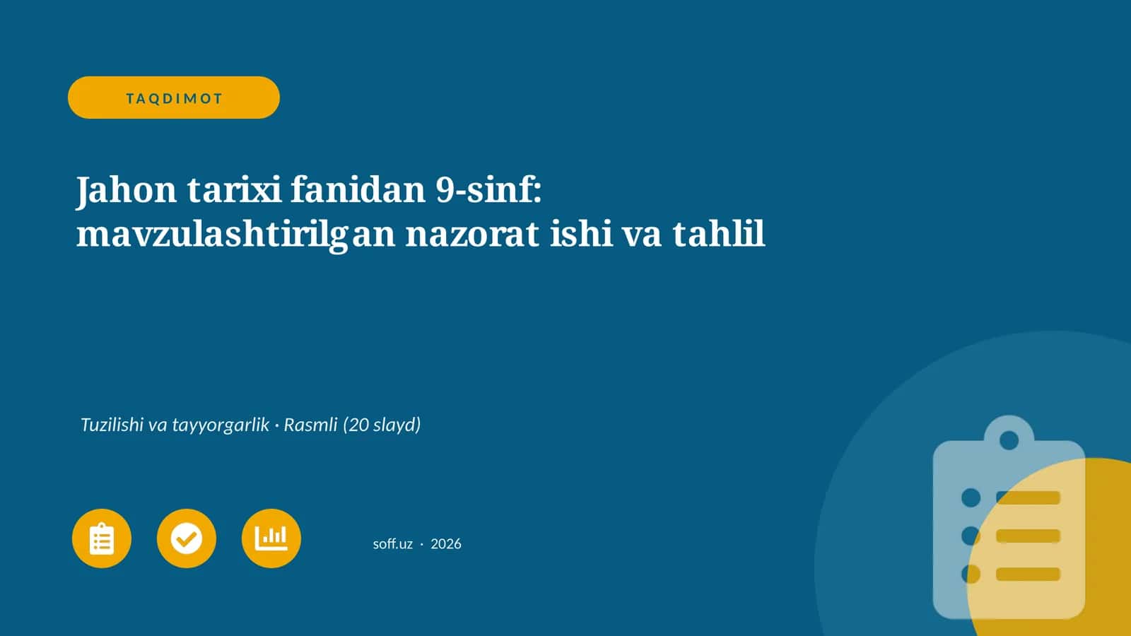 Jahon tarixi fanidan 9-sinf: mavzulashtirilgan nazorat ishi va tahlil