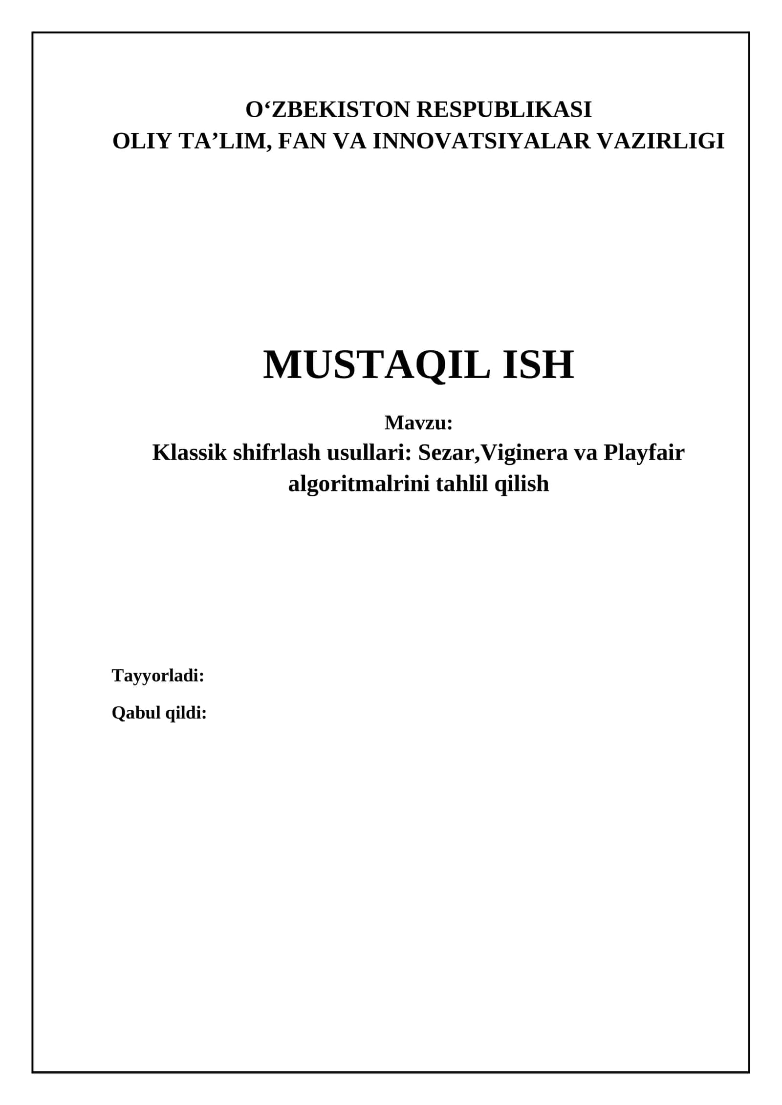 Klassik shifrlash algoritmlariga kirish