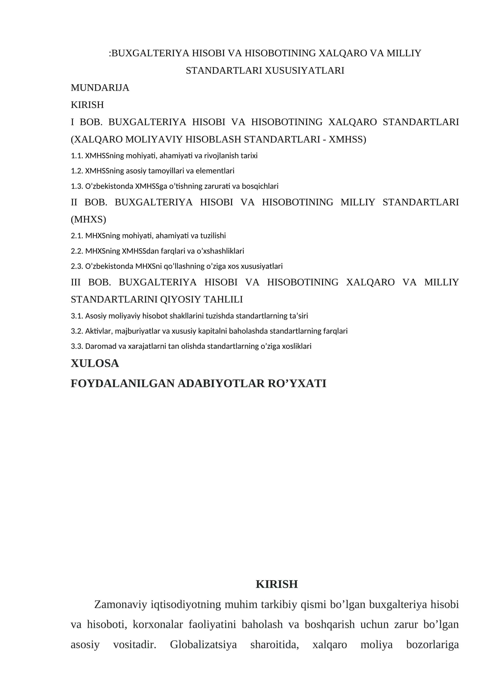 BUXGALTERIYA HISOBI VA HISOBOTINING XALQARO VA MILLIY STANDARTLARI XUSUSIYATLARI