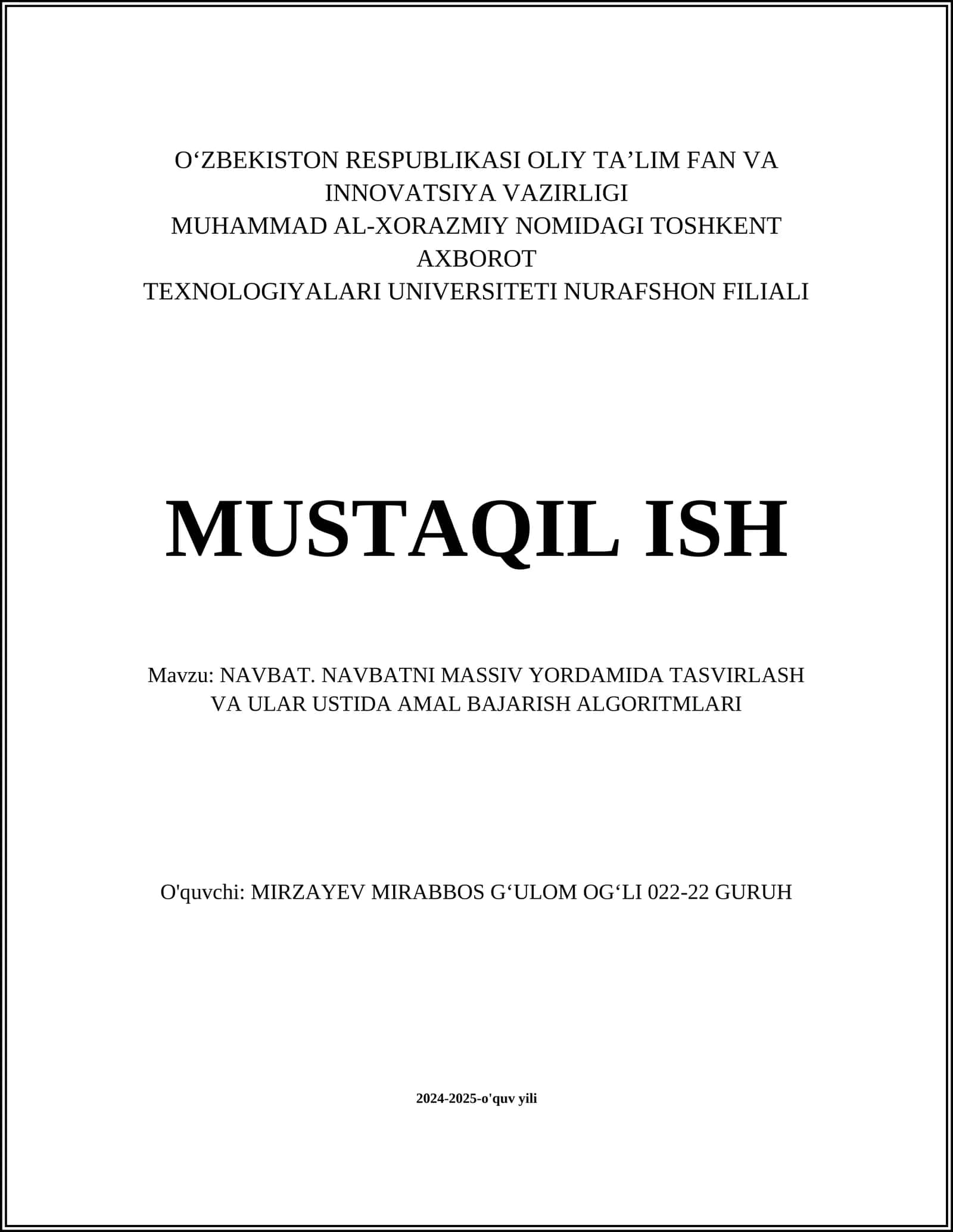 NAVBAT. NAVBATNI MASSIV YORDAMIDA TASVIRLASH VA ULAR USTIDA AMAL BAJARISH ALGORITMLARI