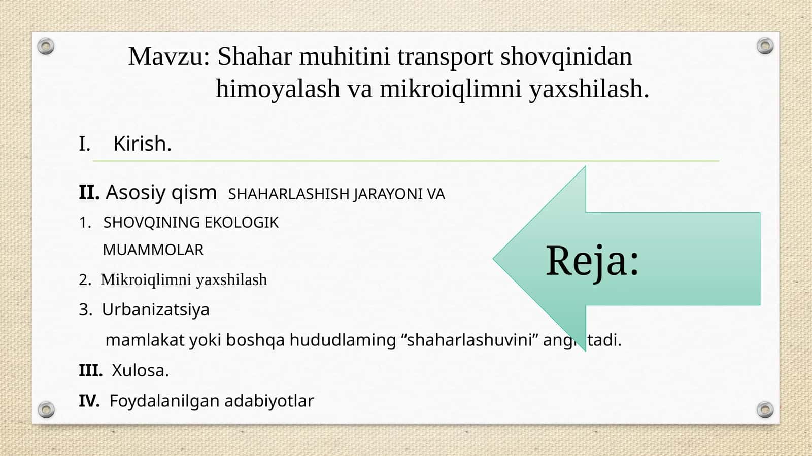 Shahar muhitini transport shovqinidan himoyalash va mikroiqlimni yaxshilash