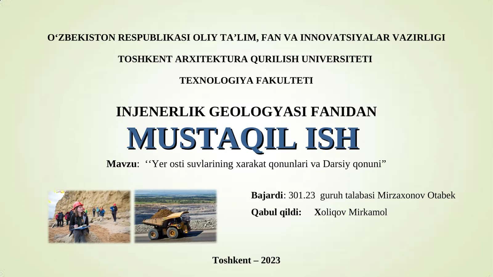 Yer osti suvlarining xarakat qonunlari va Darsiy qonuni