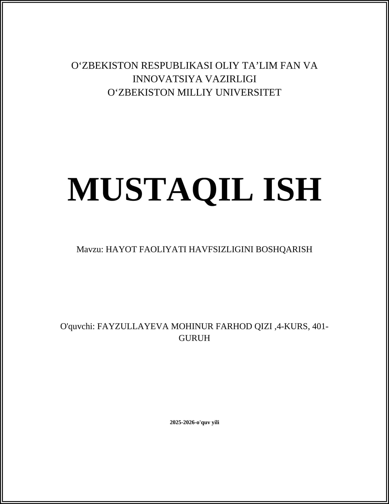 HAYOT FAOLIYATI HAVFSIZLIGINI BOSHQARISH