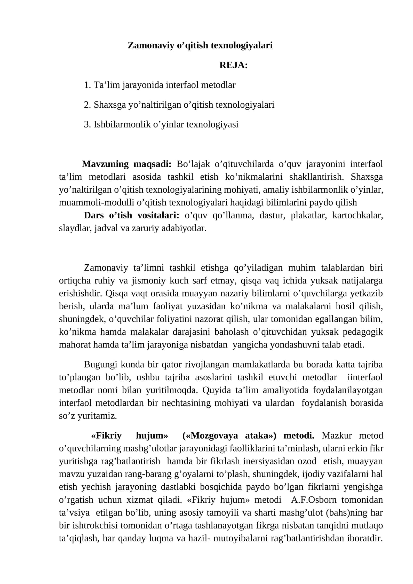 Zamonaviy o’qitish texnologiyalari