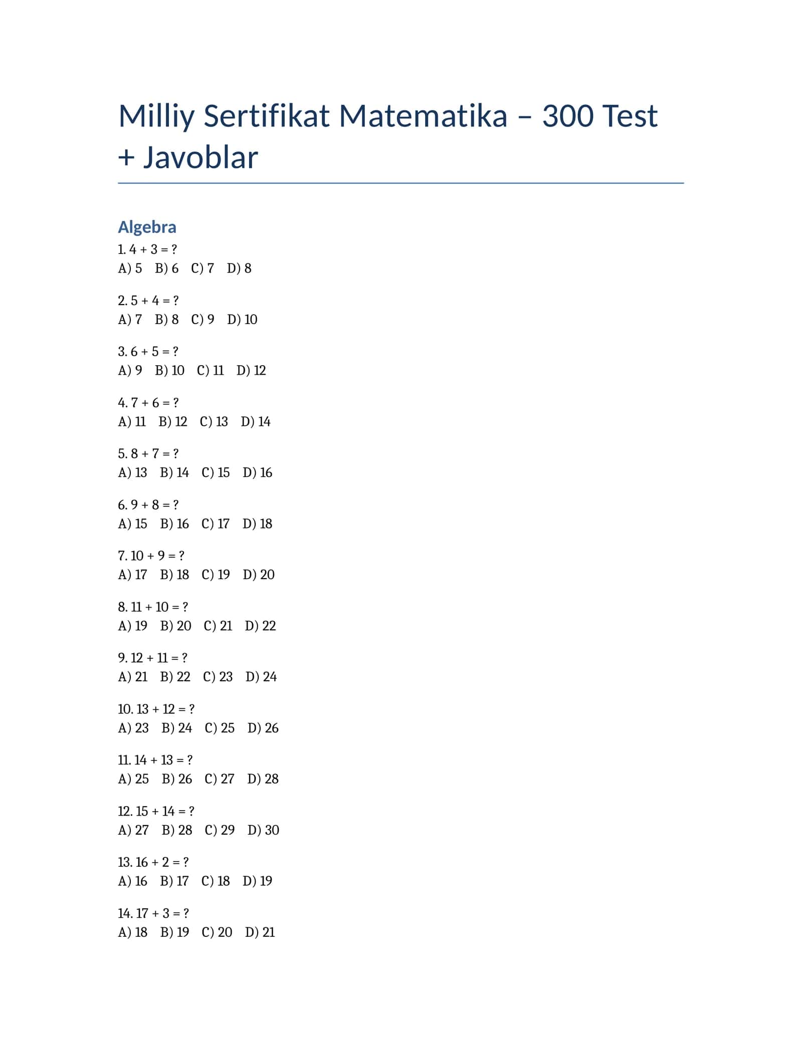 Milliy Sertifikat Matematika – 300 Test + Javoblar