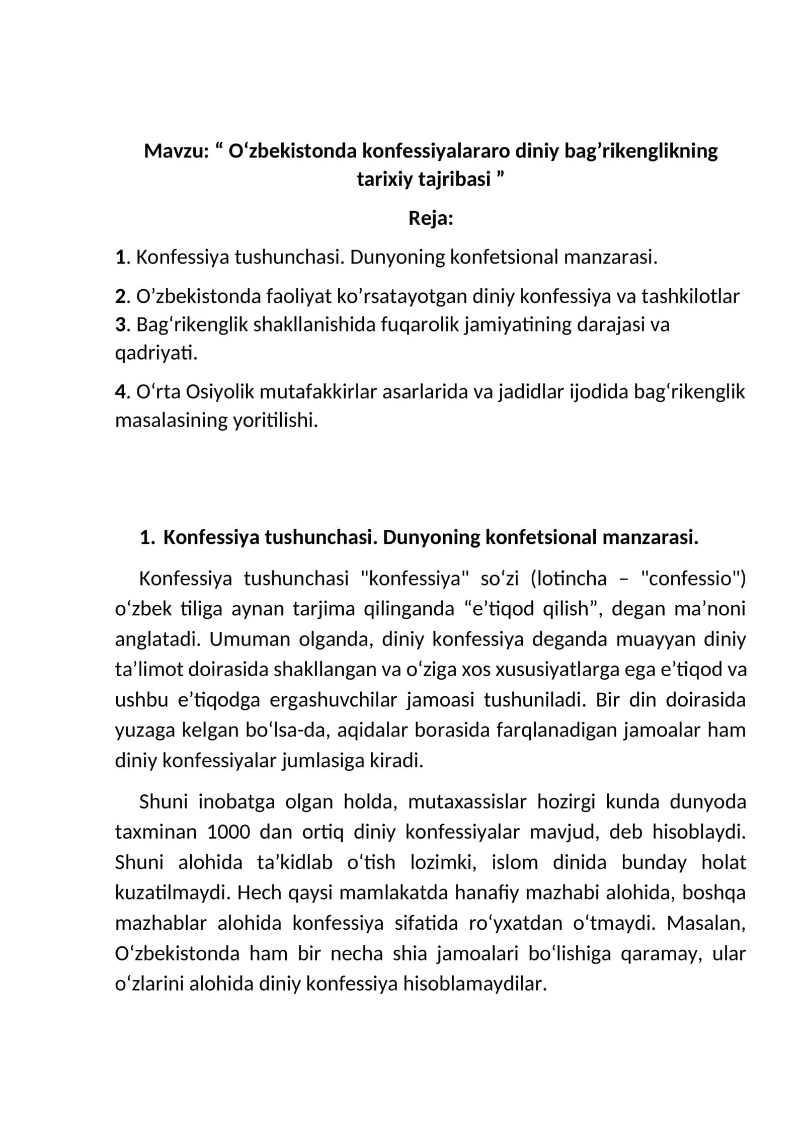 “O‘zbekistonda konfessiyalararo diniy bag’rikenglikning tarixiy tajribasi”