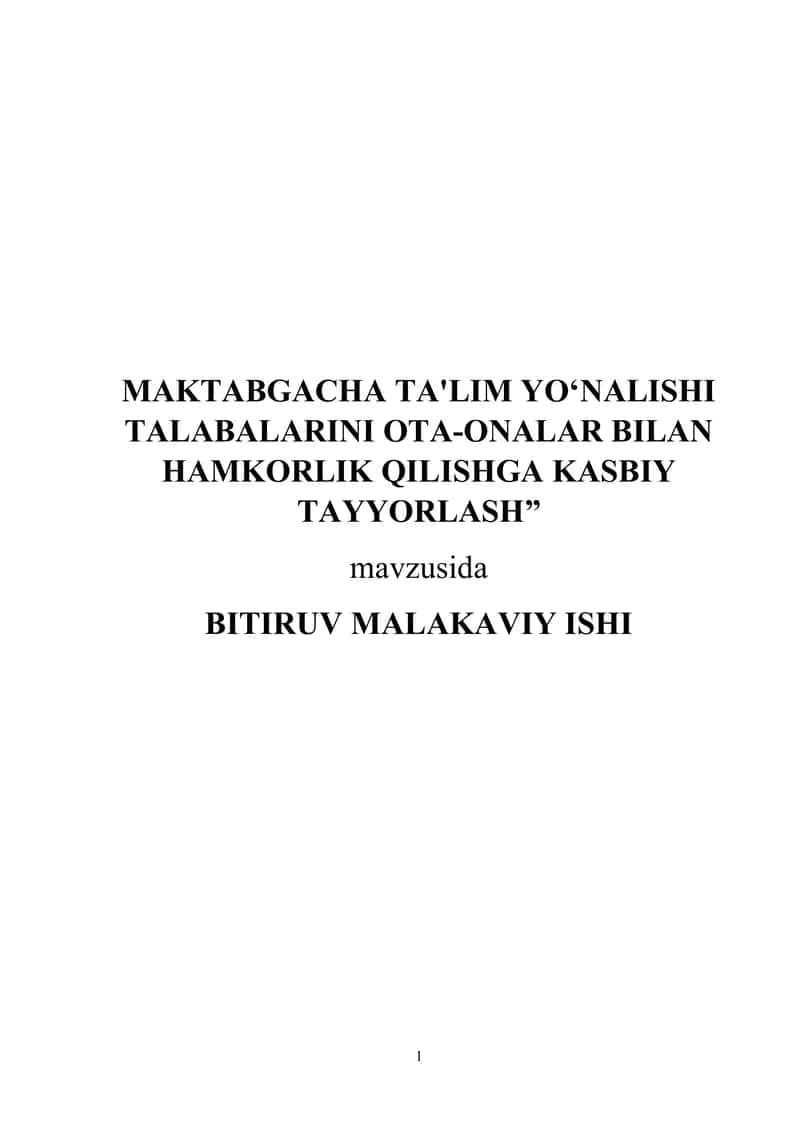 MAKTABGACHA TA'LIM YO‘NALISHI TALABALARINI OTA-ONALAR BILAN HAMKORLIK QILISHGA KASBIY TAYYORLASH