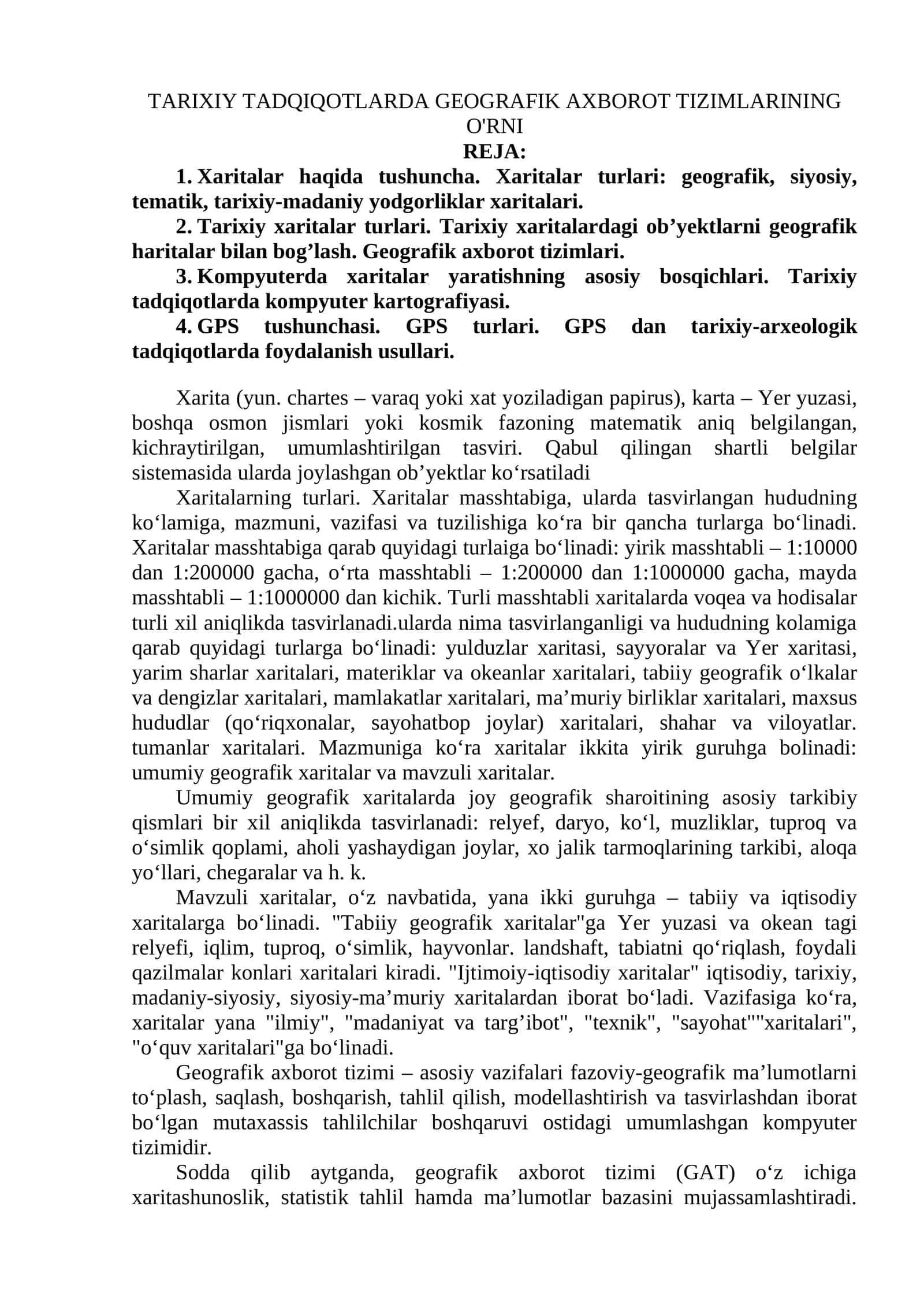 TARIXIY TADQIQOTLARDA GEOGRAFIK AXBOROT TIZIMLARINING O'RNI