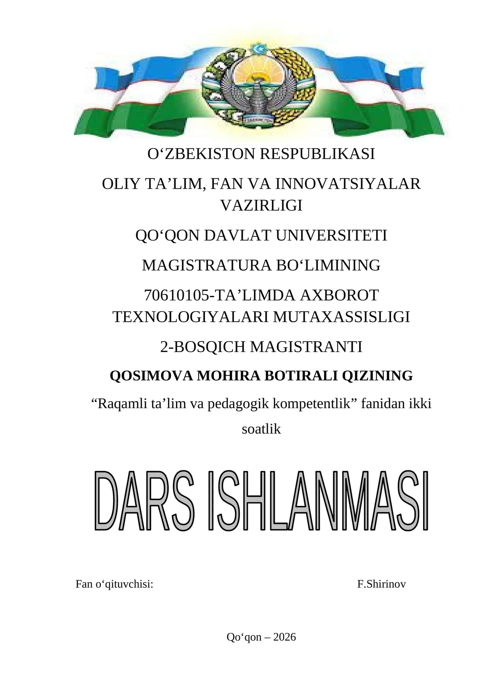 Ta’lim jarayonida raqamli texnologiyalar mavzusida dars ishlanmasi