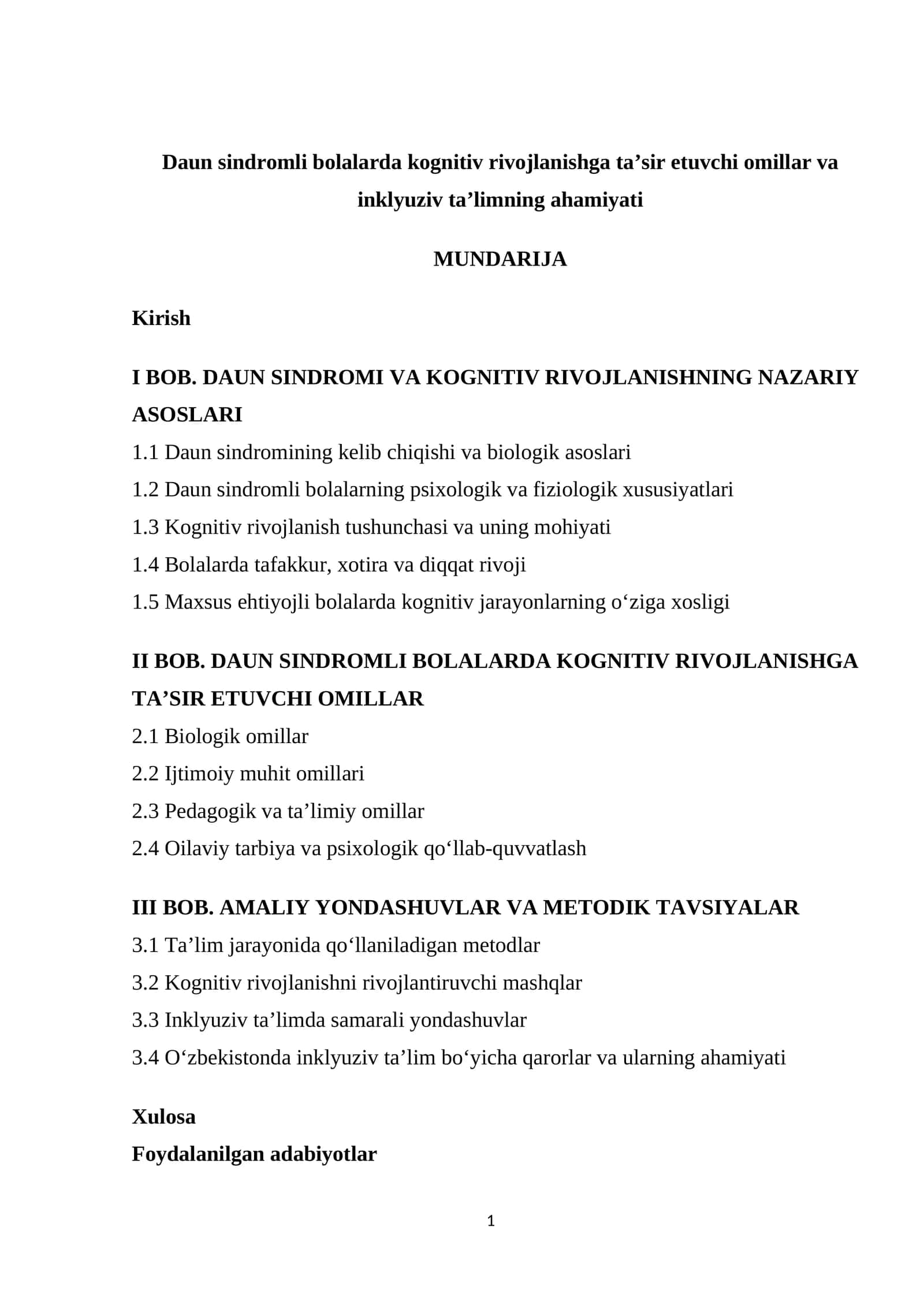 Daun sindromli bolalarda kognitiv rivojlanishga ta’sir etuvchi omillar va inklyuziv ta’limning ahamiyati