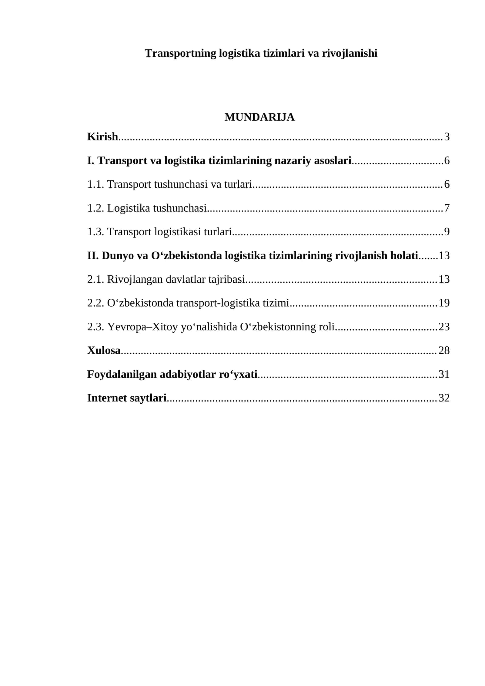 Transportning logistika tizimlari va rivojlanishi