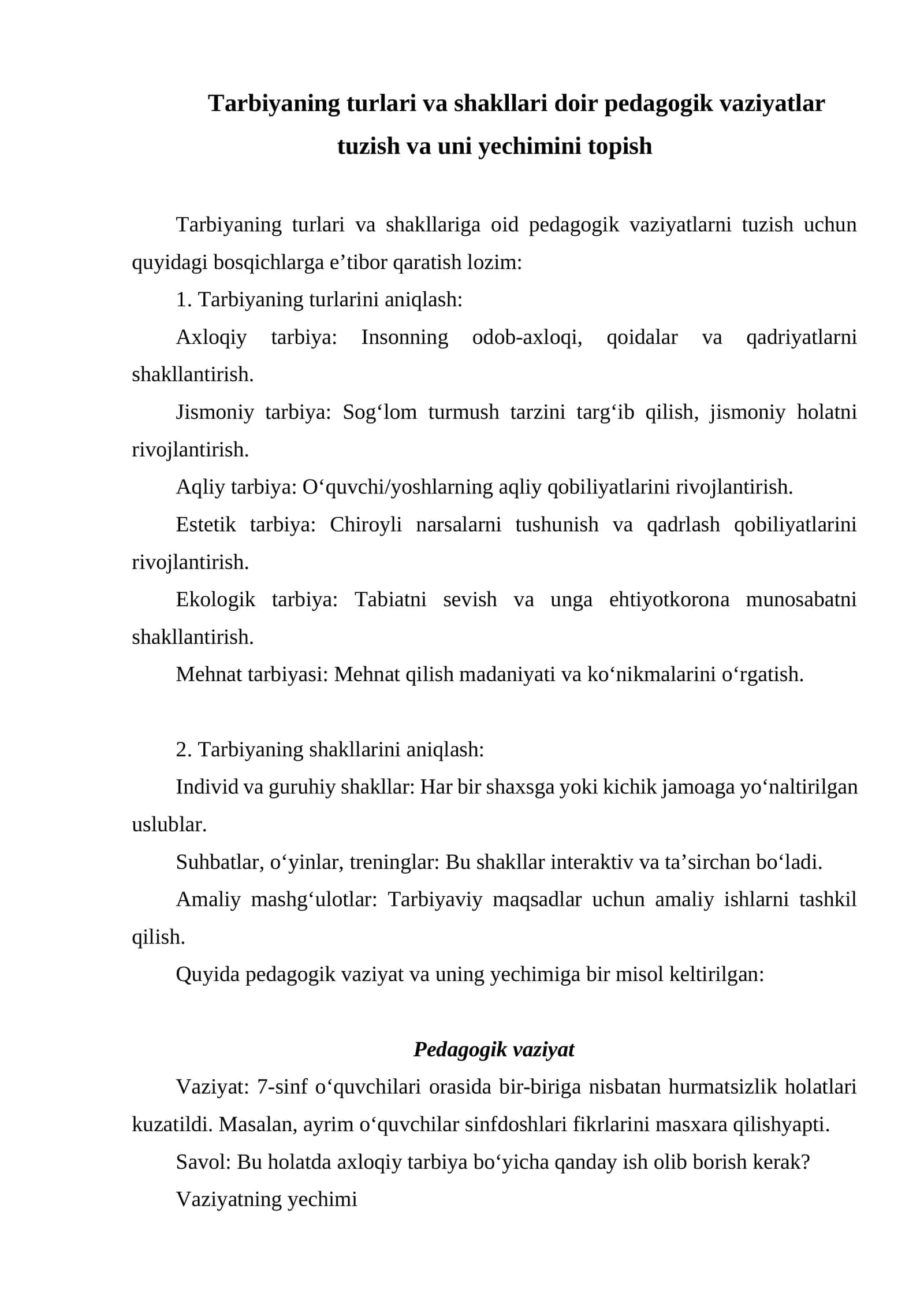 Tarbiyaning turlari va shakllari